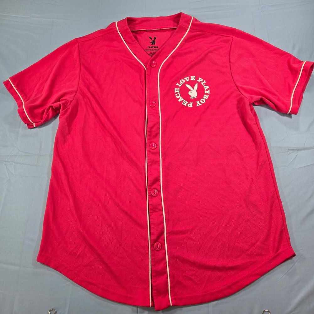 Playboy Mens Pink Baseball Jersey Peace Love Playboy Bunny Logo Size M
